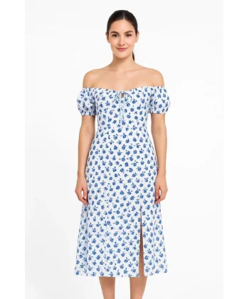 Bardot Omuzu Acık Çiçek Desenli Elbise - Desenli
