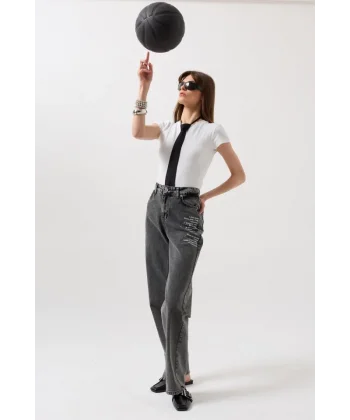 Baskılı Düşük Bel Jean