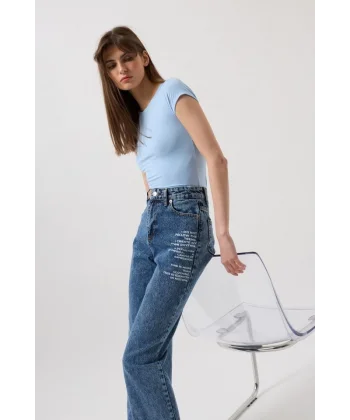 Baskılı Düşük Bel Jean