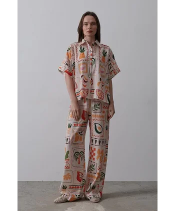 Baskılı Kısa Kol Pantolon Takım - Taş-Oranj