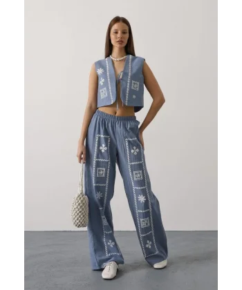 Baskılı Önü Bağlamalı Yelekli Takım - İndigo