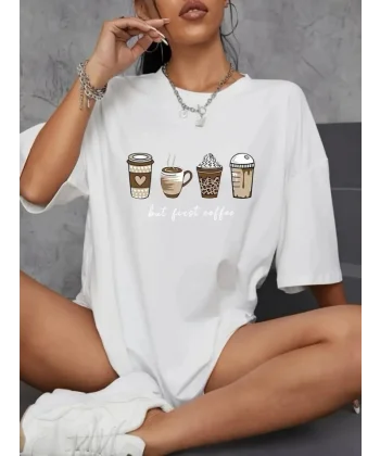 Baskılı Oversize Bisiklet Yaka T-shirt - Beyaz