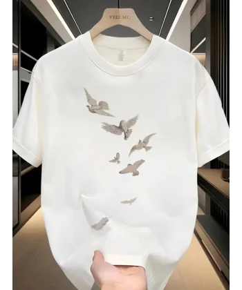 Baskılı Oversize Bisiklet Yaka T-shirt - Beyaz