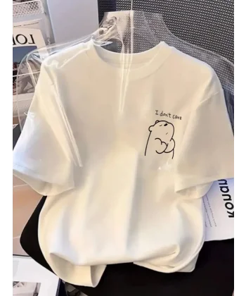 Baskılı Oversize Bisiklet Yaka T-shirt - Beyaz