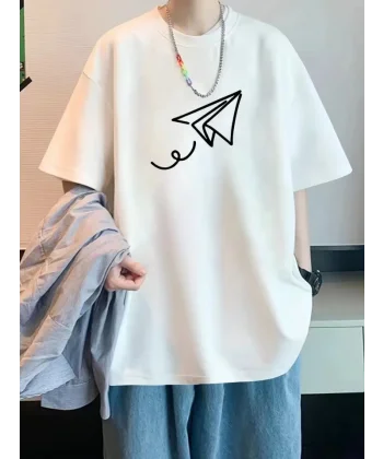 Baskılı Oversize Bisiklet Yaka T-shirt - Beyaz