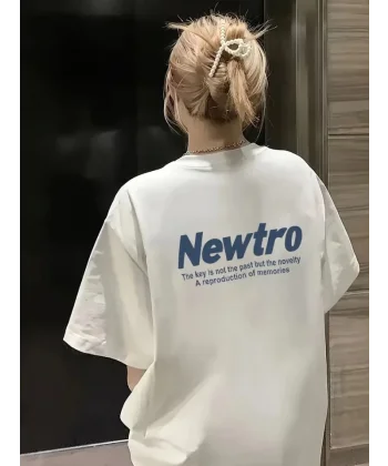 Baskılı Oversize Bisiklet Yaka T-shirt - Beyaz