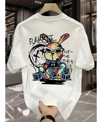 Baskılı Oversize Bisiklet Yaka T-shirt - Beyaz