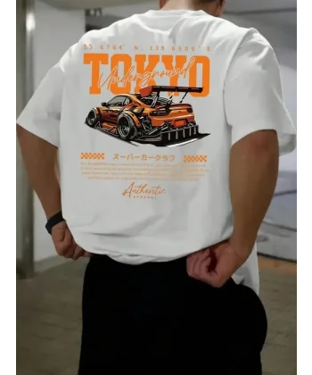 Baskılı Oversize Bisiklet Yaka T-shirt - Beyaz