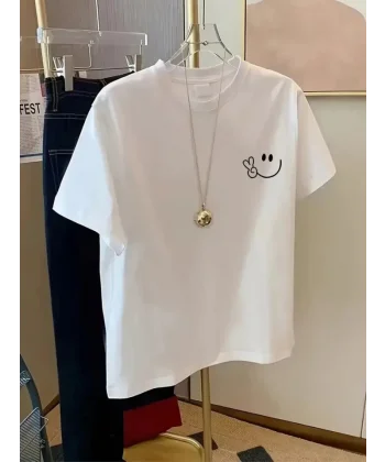 Baskılı Oversize Bisiklet Yaka T-shirt - Beyaz