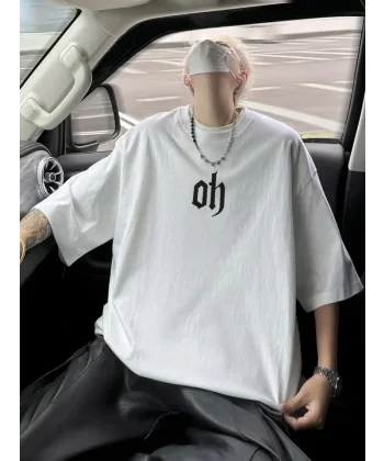 Baskılı Oversize Bisiklet Yaka T-shirt - Beyaz