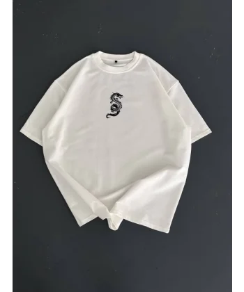 Baskılı Oversize Bisiklet Yaka T-shirt - Beyaz