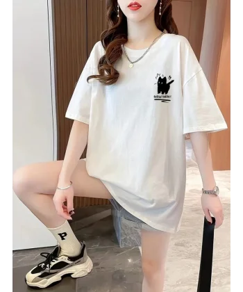 Baskılı Oversize Bisiklet Yaka T-shirt - Beyaz