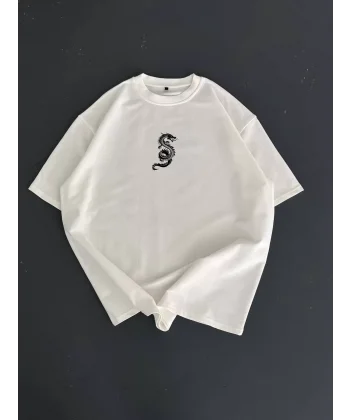 Baskılı Oversize Bisiklet Yaka T-shirt - Beyaz