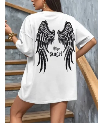 Baskılı Oversize Bisiklet Yaka T-shirt - Beyaz