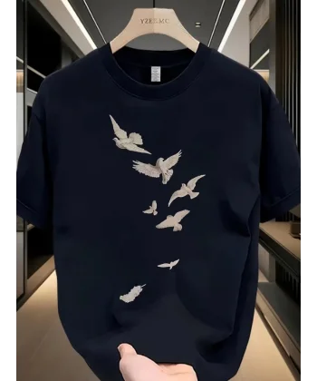 Baskılı Oversize Bisiklet Yaka T-shirt - Beyaz