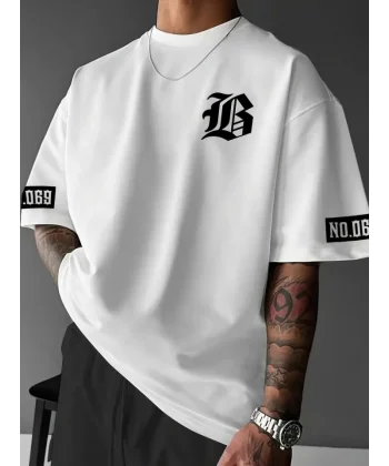 Baskılı Oversize Bisiklet Yaka T-shirt - Beyaz