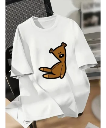 Baskılı Oversize Bisiklet Yaka T-shirt - Beyaz