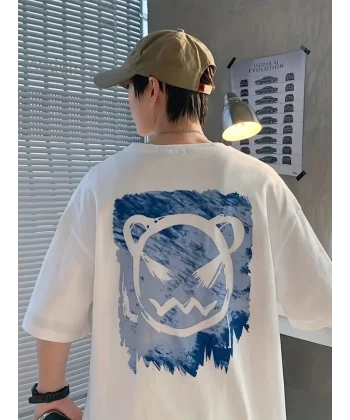 Baskılı Oversize Bisiklet Yaka T-shirt - Beyaz