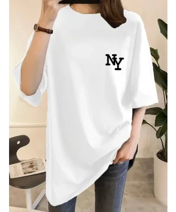 Baskılı Oversize Bisiklet Yaka T-shirt - Beyaz