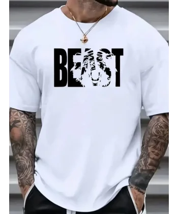 Baskılı Oversize Bisiklet Yaka T-shirt - Beyaz