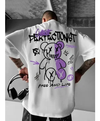 Baskılı Oversize Bisiklet Yaka T-shirt - Beyaz