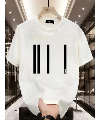 Baskılı Oversize Bisiklet Yaka T-shirt - Beyaz