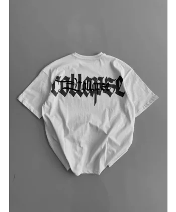 Baskılı Oversize Bisiklet Yaka T-shirt - Beyaz