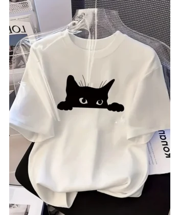 Baskılı Oversize Bisiklet Yaka T-shirt - Beyaz