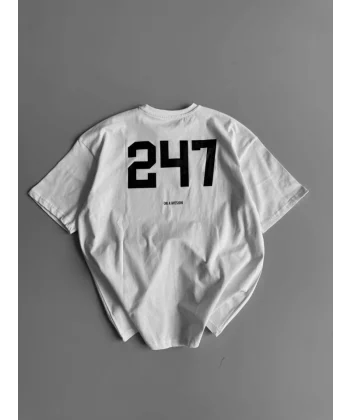 Baskılı Oversize Bisiklet Yaka T-shirt - Beyaz