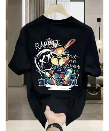 Baskılı Oversize Bisiklet Yaka T-shirt - Siyah