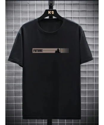 Baskılı Oversize Bisiklet Yaka T-shirt - Siyah