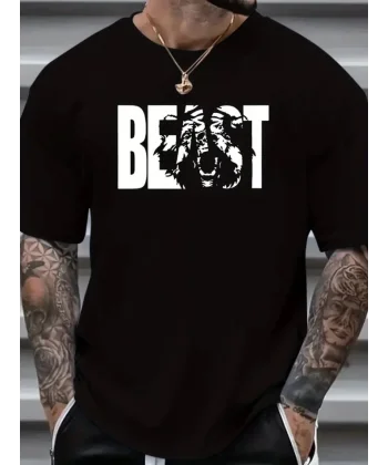 Baskılı Oversize Bisiklet Yaka T-shirt - Siyah