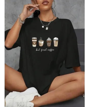 Baskılı Oversize Bisiklet Yaka T-shirt - Siyah