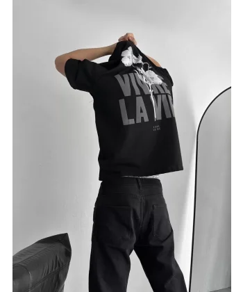 Baskılı Oversize Bisiklet Yaka T-shirt - Siyah