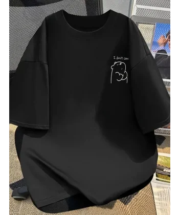 Baskılı Oversize Bisiklet Yaka T-shirt - Siyah