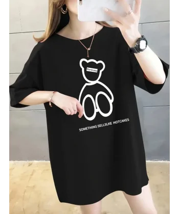 Baskılı Oversize Bisiklet Yaka T-shirt - Siyah