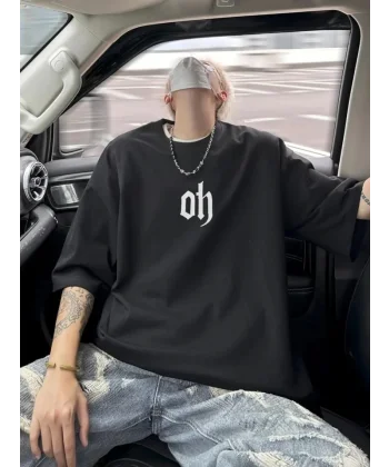 Baskılı Oversize Bisiklet Yaka T-shirt - Siyah