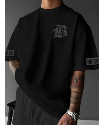 Baskılı Oversize Bisiklet Yaka T-shirt - Siyah