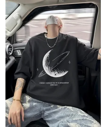 Baskılı Oversize Bisiklet Yaka T-shirt - Siyah