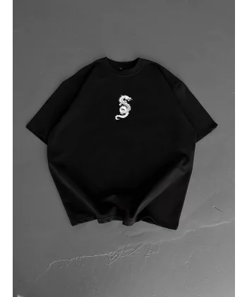 Baskılı Oversize Bisiklet Yaka T-shirt - Siyah