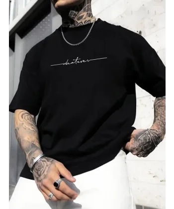 Baskılı Oversize Bisiklet Yaka T-shirt - Siyah