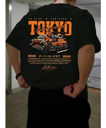 Baskılı Oversize Bisiklet Yaka T-shirt - Siyah