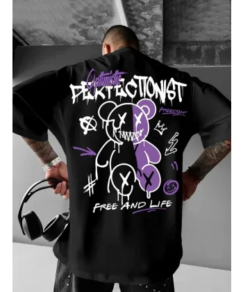 Baskılı Oversize Bisiklet Yaka T-shirt - Siyah