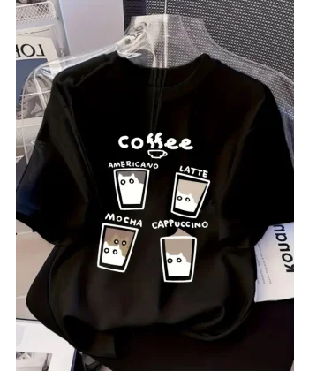 Baskılı Oversize Bisiklet Yaka T-shirt - Siyah