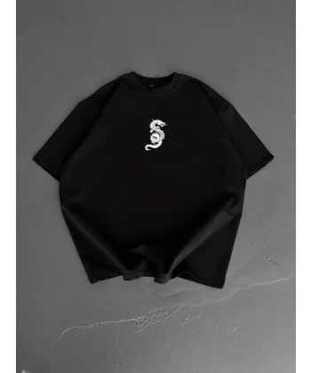 Baskılı Oversize Bisiklet Yaka T-shirt - Siyah