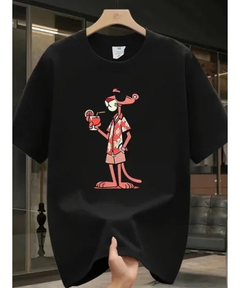 Baskılı Oversize Bisiklet Yaka T-shirt - Siyah