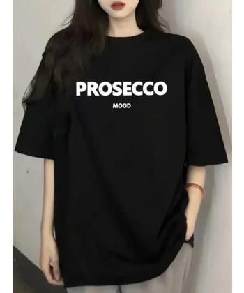 Baskılı Oversize Bisiklet Yaka T-shirt - Siyah