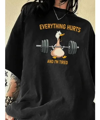 Baskılı Oversize Bisiklet Yaka T-shirt - Siyah