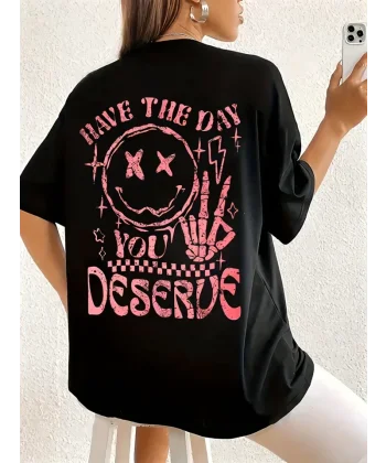 Baskılı Oversize Bisiklet Yaka T-shirt - Siyah