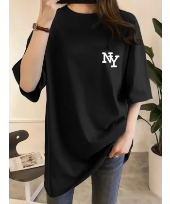 Baskılı Oversize Bisiklet Yaka T-shirt - Siyah